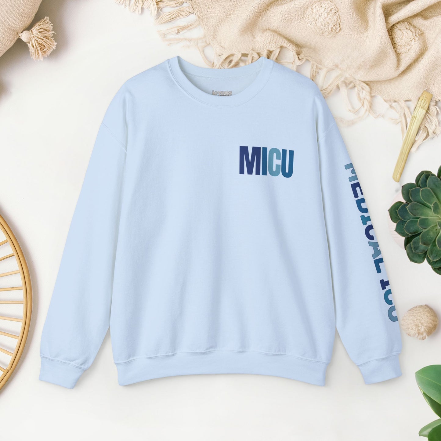 Trendy Blue MICU Sweatshirt with Sleeve Print - Medical ICU Crewneck