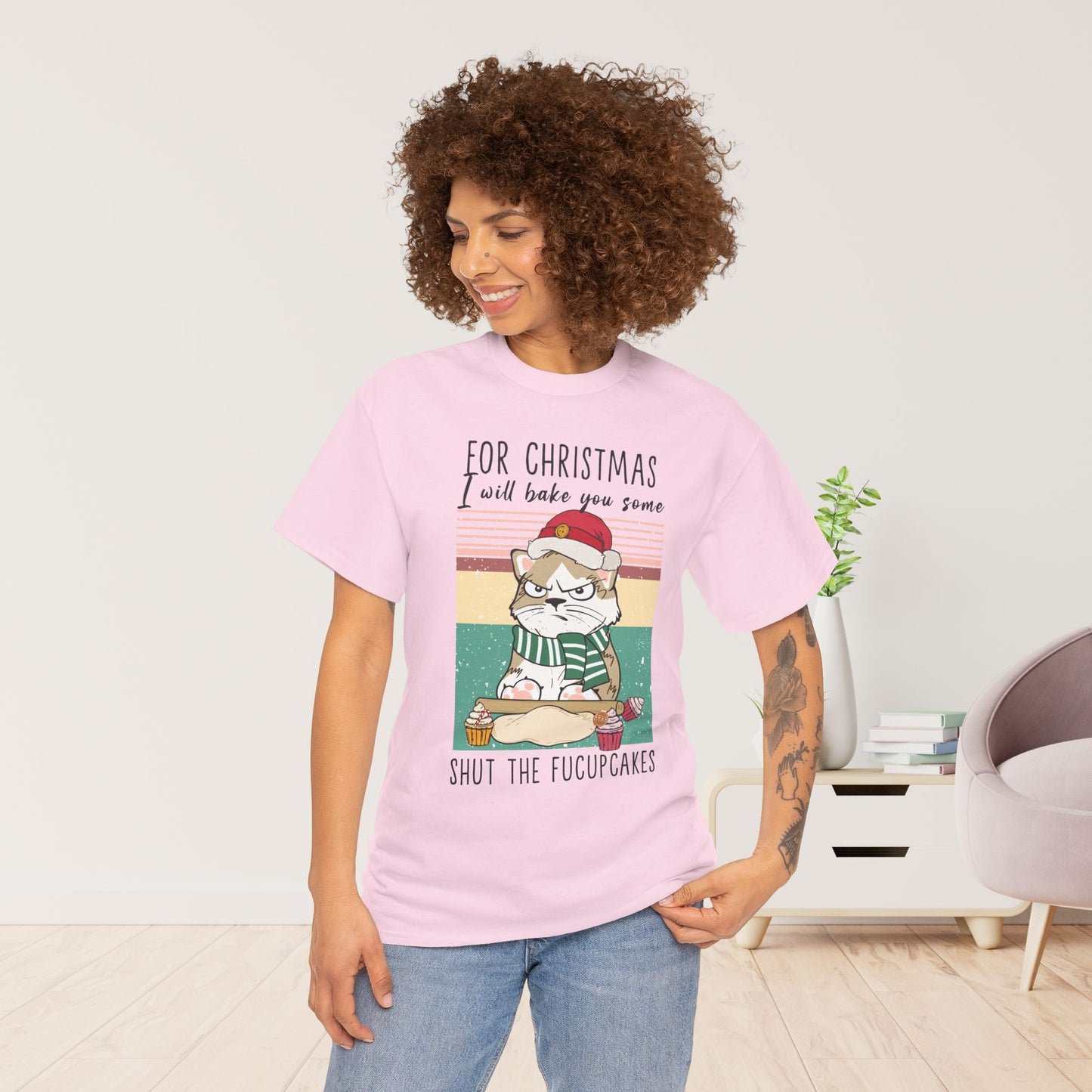 For Christmas I Will Bake You Some Shut The Fucupcakes Funny Cat Christmas Heavy Cotton Tee - Cat Lovers Christmas Gift