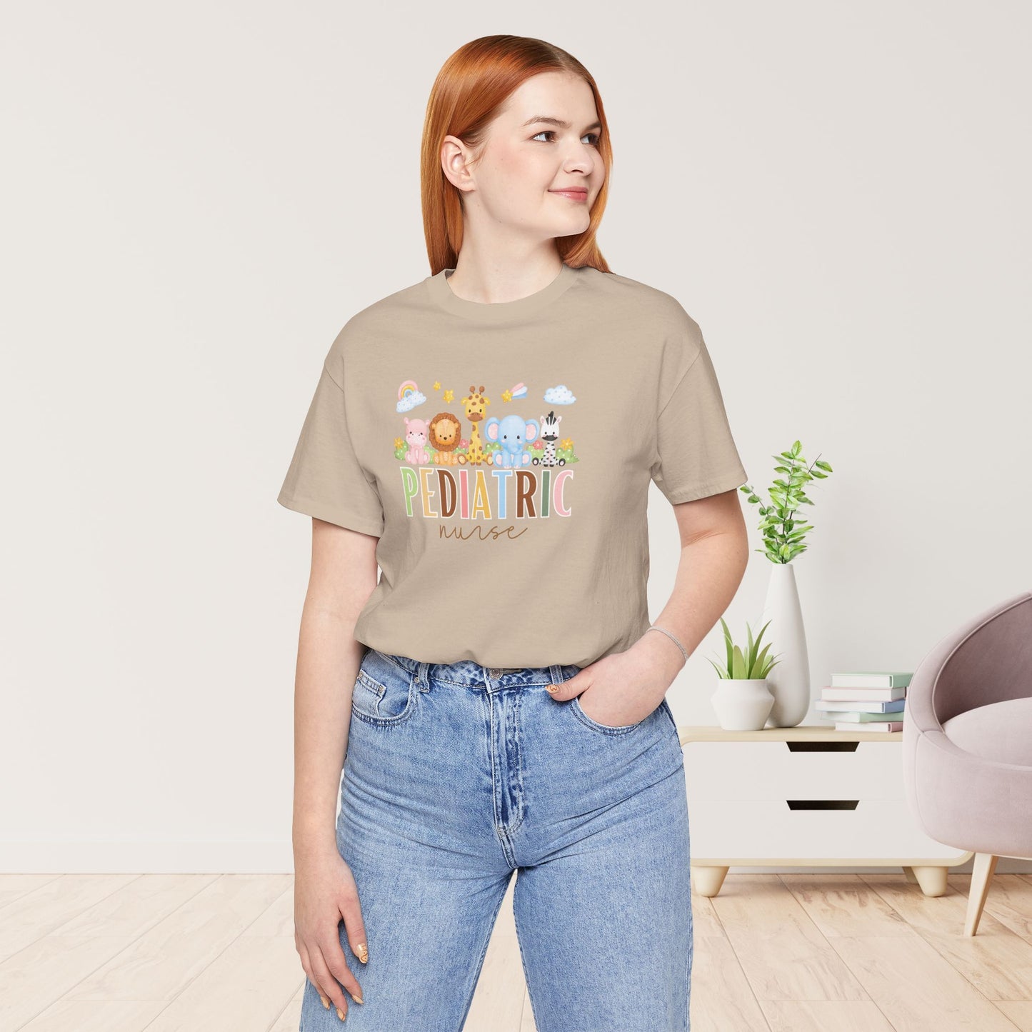 Cute Pediatric Nurse Soft Cotton Tee with Safari Animals for PEDS Nurse