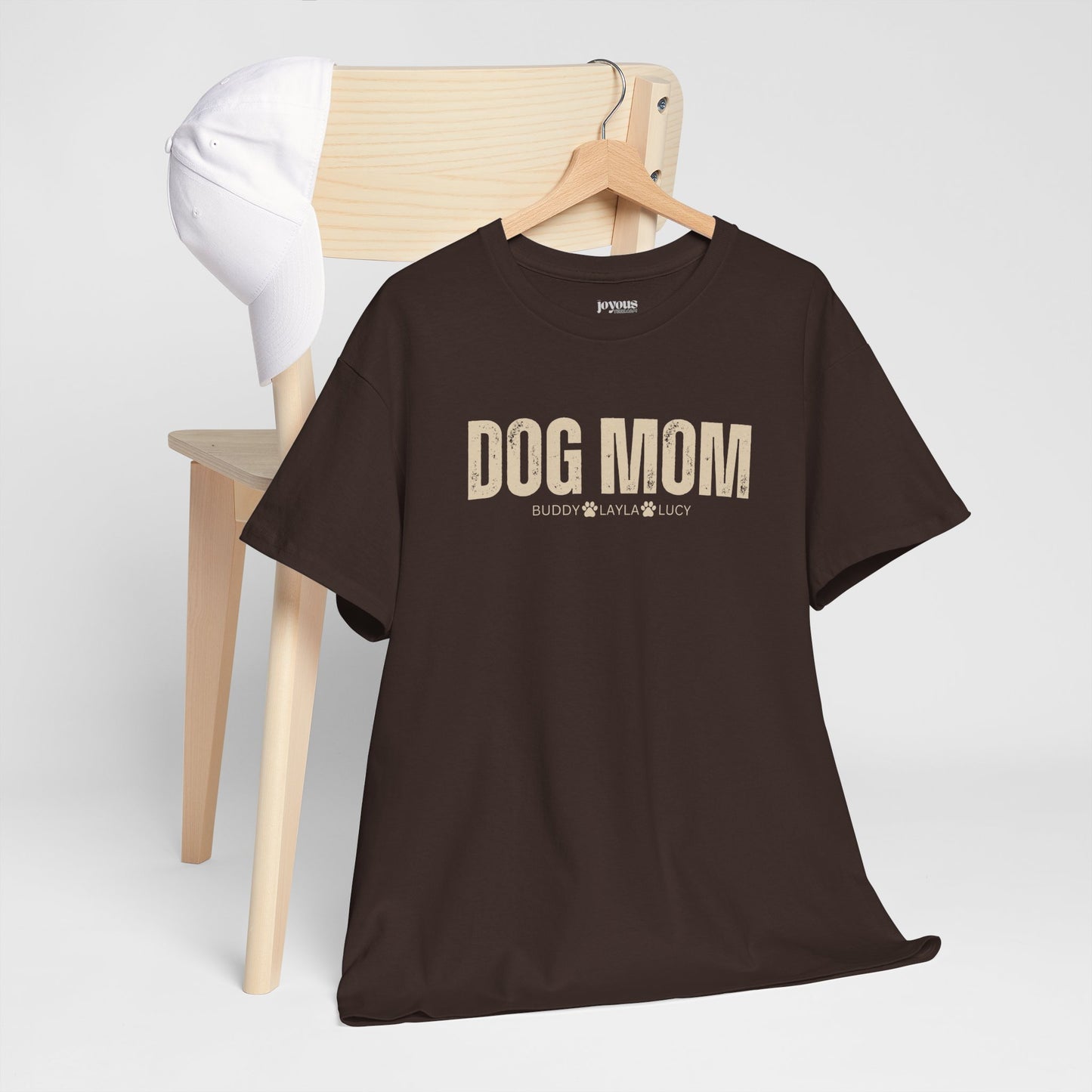 Custom Dog Mom Heavy Cotton Tee with Dogs Name - Personalized Dog Lover Gift