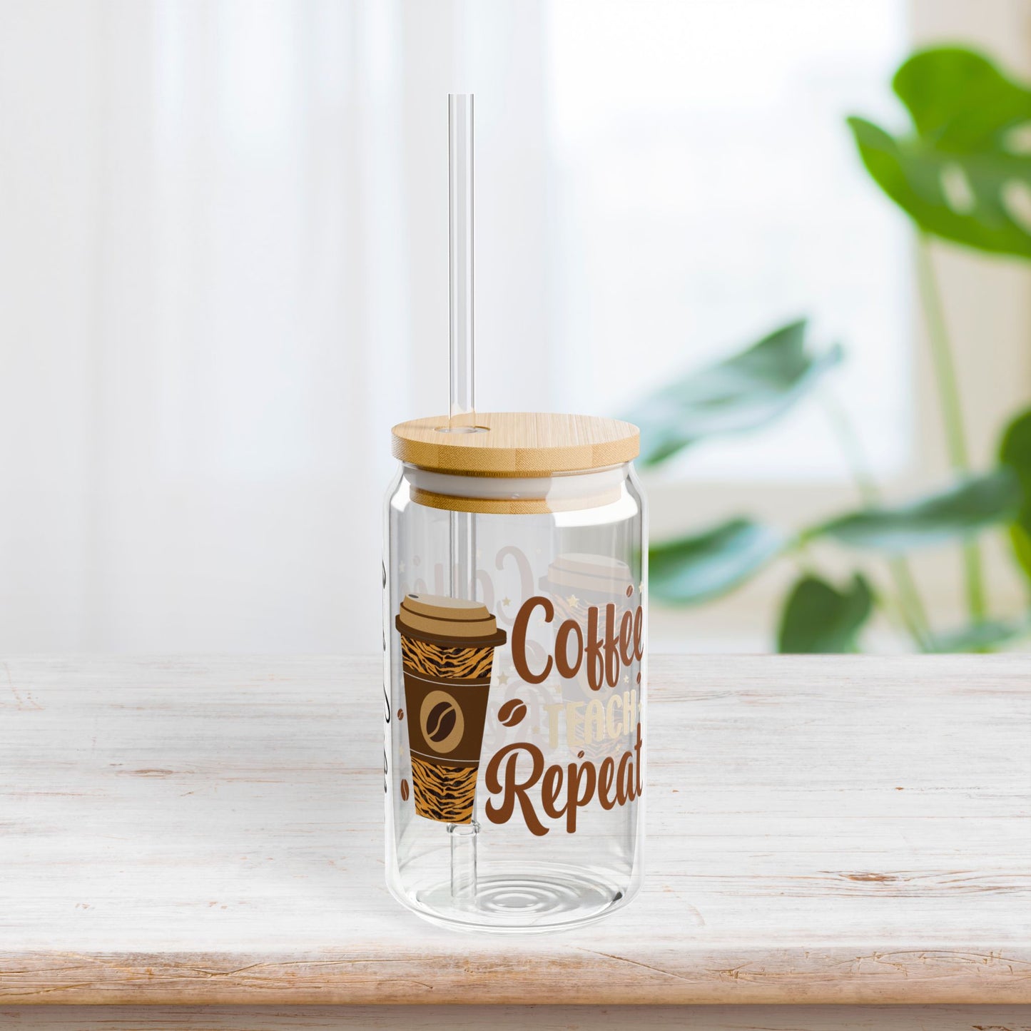 Coffee Teach Repeat Personalized Teacher Sipper Glass - Custom Teacher Gifts