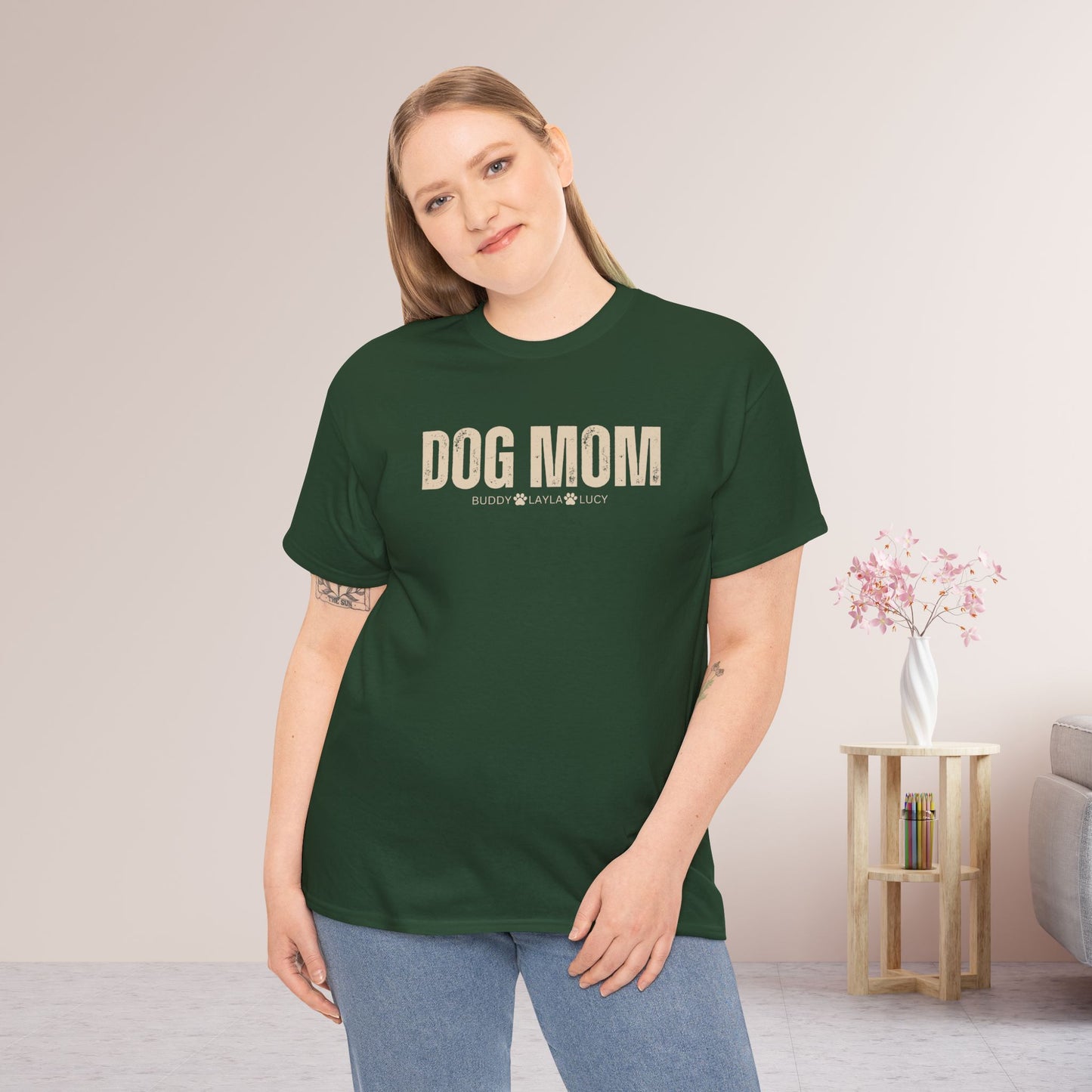 Custom Dog Mom Heavy Cotton Tee with Dogs Name - Personalized Dog Lover Gift
